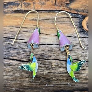 🐦 Handmade Hummingbird Earrings Cloisonne Enamel Gold Tone Fishhook Wired